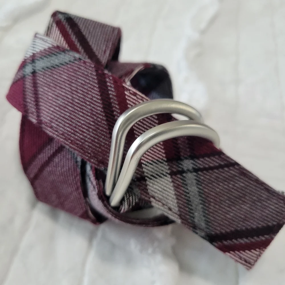 Lands' End Plaid Uniform Belt Burgundy & Gray Silver D Ring Buckle Small EUC